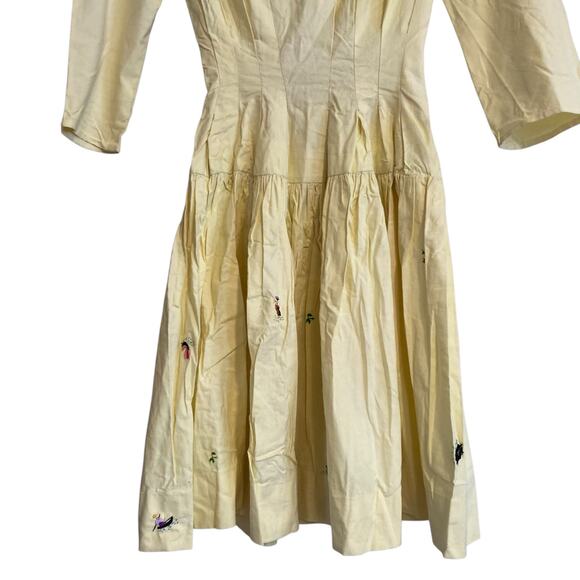 Vintage 40s 50s Butter Yellow Long Sleeve Drop Waist Embroidered Dress Sz XS - Picture 11 of 16